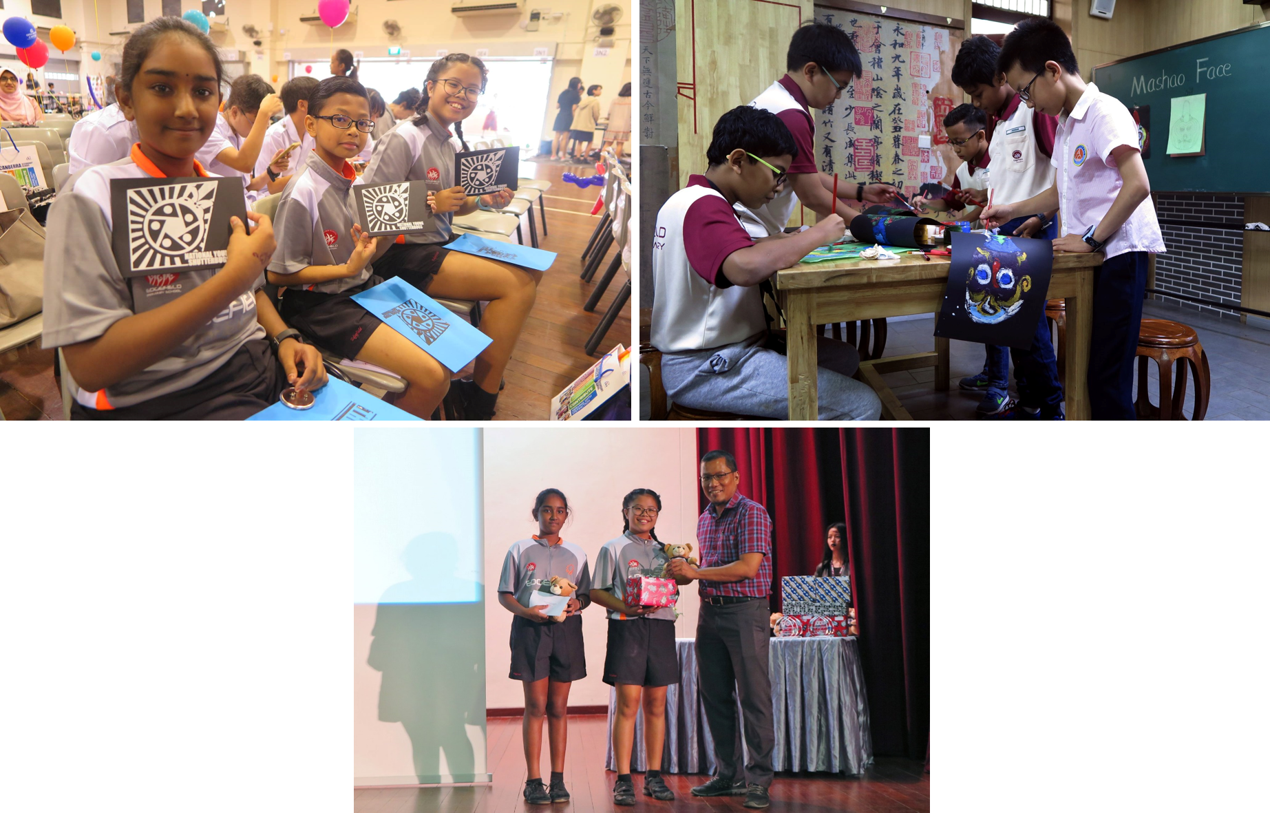 Collage of students holding artwork, painting masks at a table, and receiving prizes on stage.